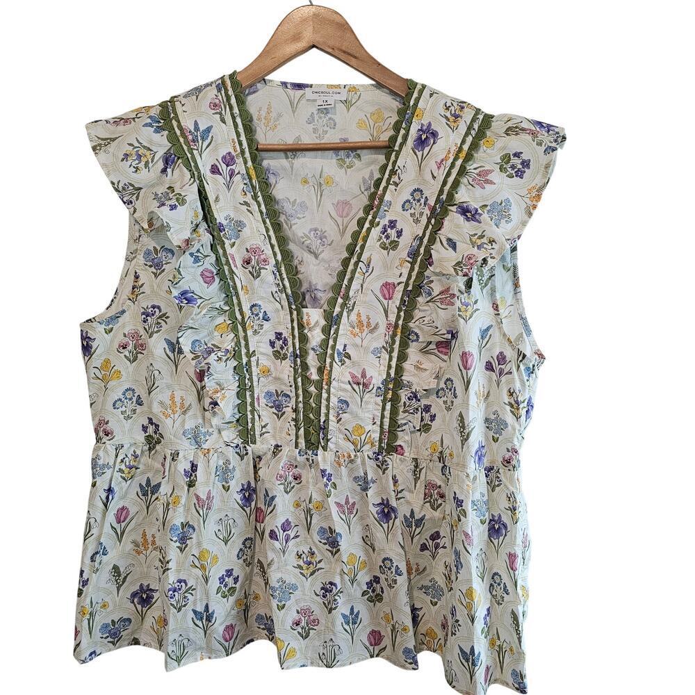 Chicsoul Babydoll Blouse Women 1X Green Floral Ruffles Fairy Boho Cottage Garden